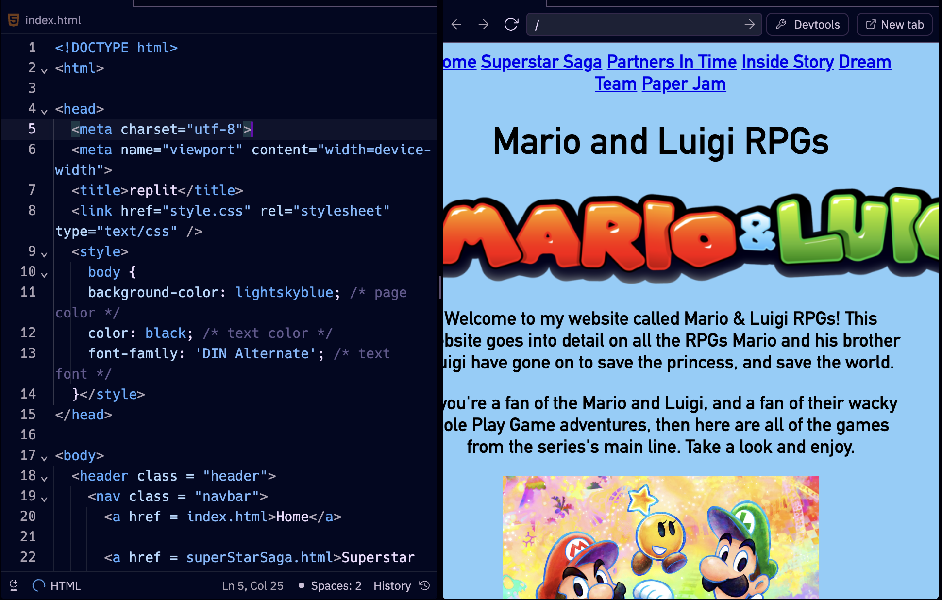 This image was the time I created my own website on replit around Mario & Luigi RPG's, using html and CSS to make it. 